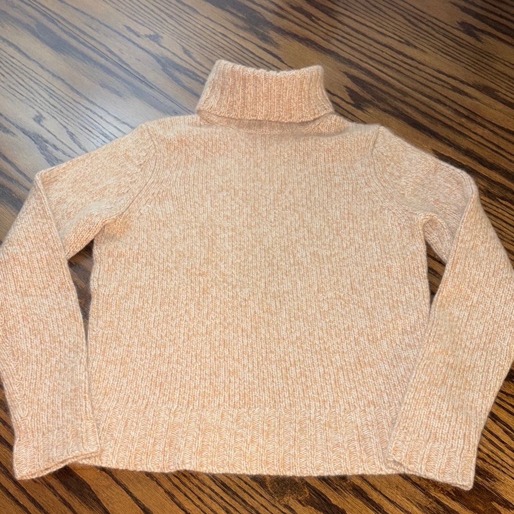 Ann Taylor Cashmere sweater turtleneck ribbed cable knit trim beige/honey oat